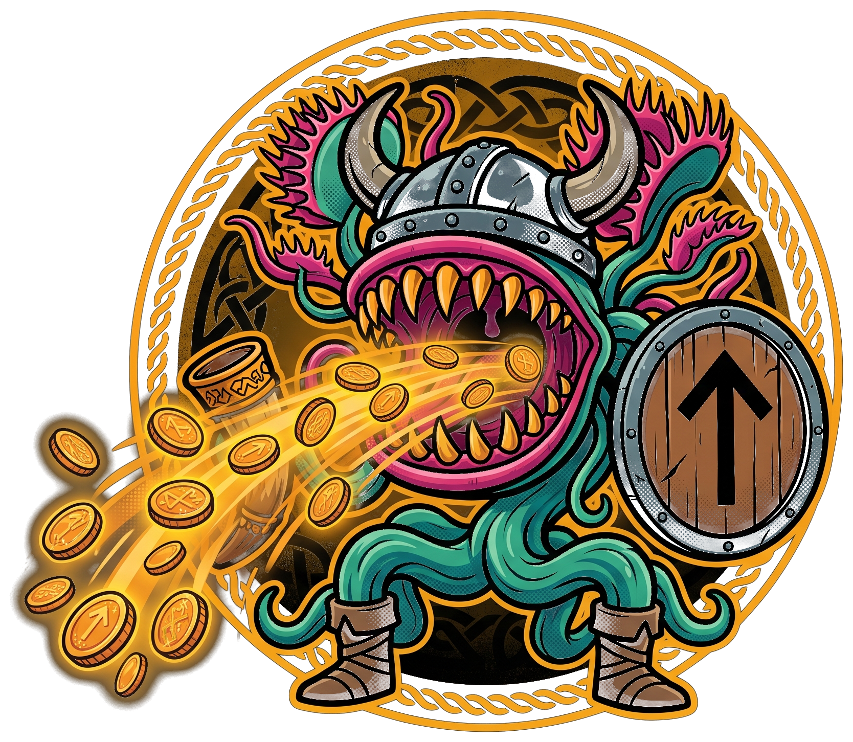 Tokenista mascot — a viking flytrap monster devouring a stream of gold token coins