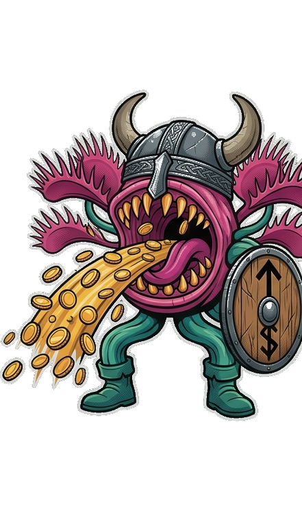 Token Monster — the Tokenista mascot, a viking flytrap monster devouring a stream of gold token coins