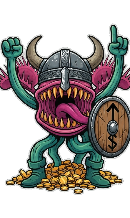 Token Monster, the Tokenista mascot, standing confidently on a pile of gold coins